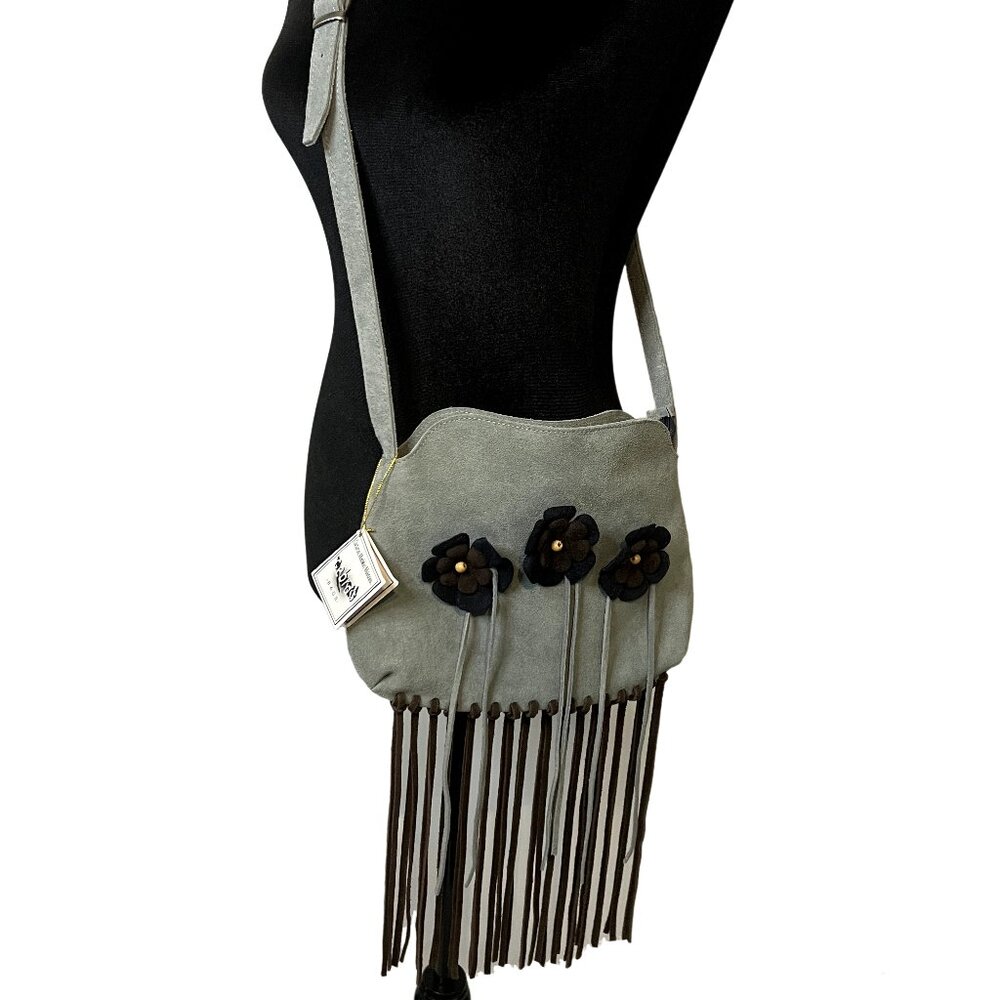 Cebras Suede Floral Fringed Boho Crossbody Bag Blue Gray Brown Boho Hippie Bag